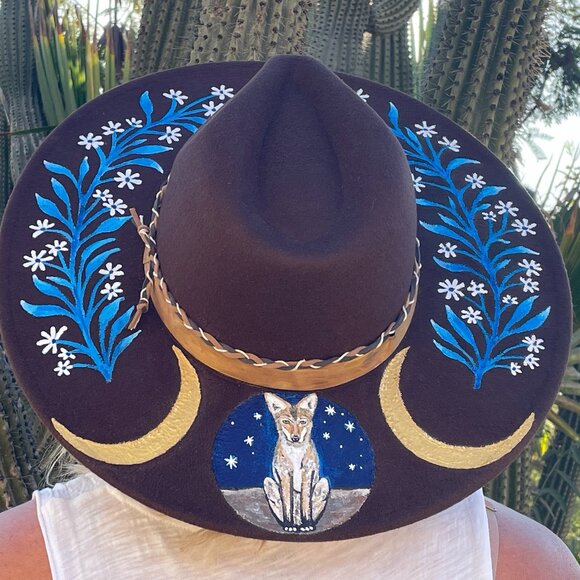 One of a Kind Fedora Felt Hat Wearable Art Coyote Desert Flowers - wide brim - Picture 3 of 6